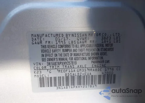 2017 Nissan Sentra Sv from USA, damaged, VIN 3N1AB7APXHY257819